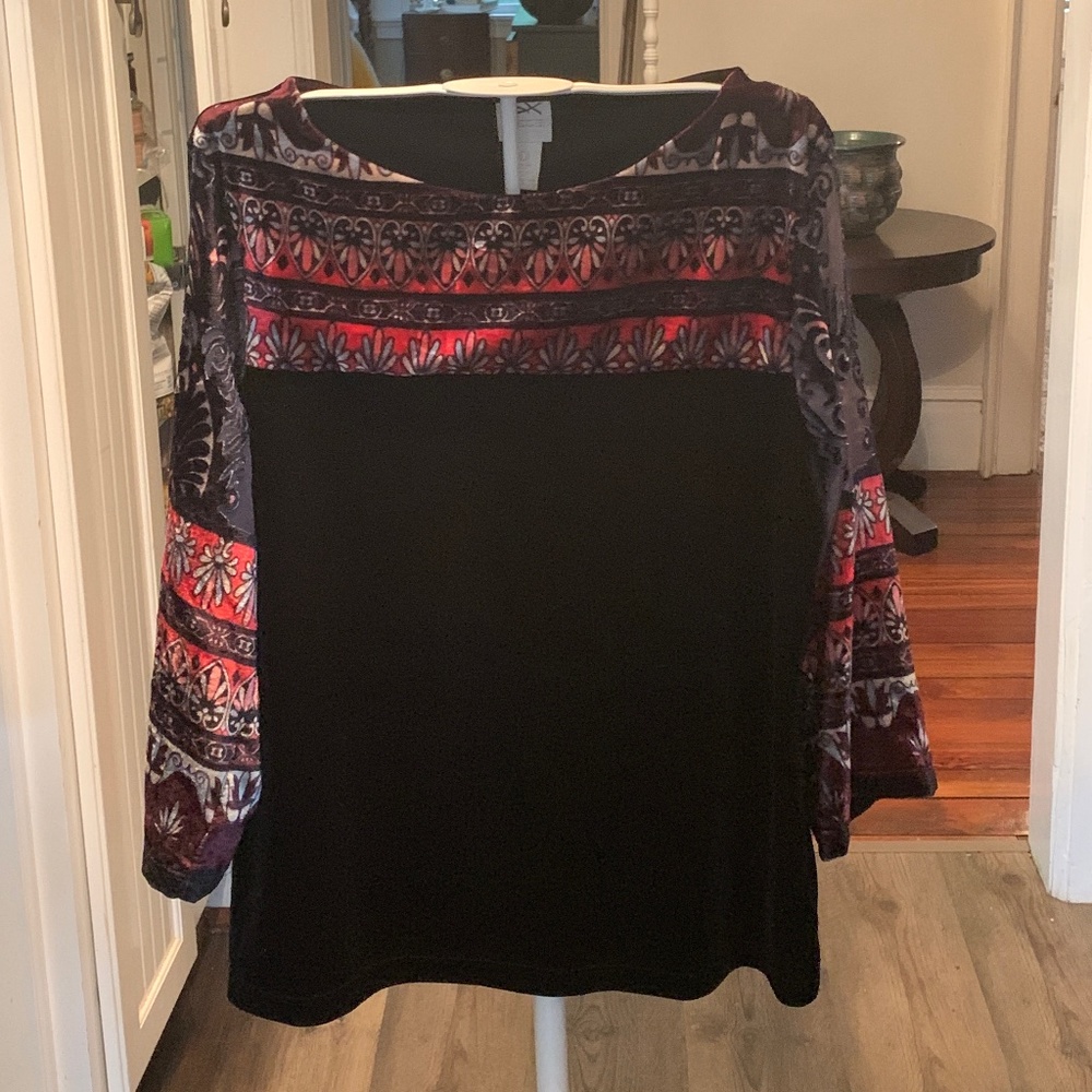 Chicos velour/velvet sheer armed top. Bought at‎ a Chicos sale.